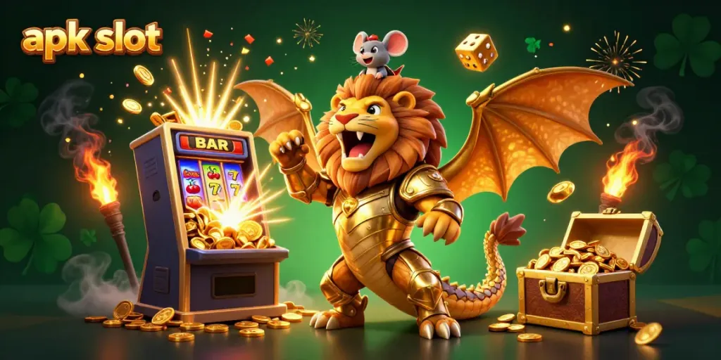Aksi bermain apk slot dengan karakter hebat dan mesin slot jackpot, dikelilingi oleh koin emas dan efek api.