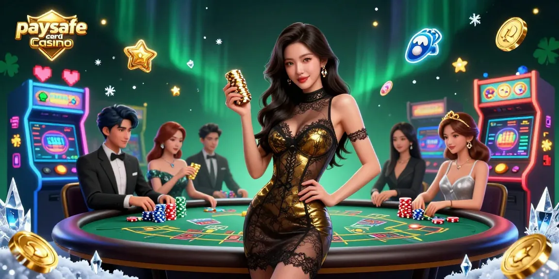 Erleben Sie die Aufregung des Paysafe Card Casinos mit einer glamourösen Frau an einem Baccarat-Tisch, hochpreisige Chips in der Hand.