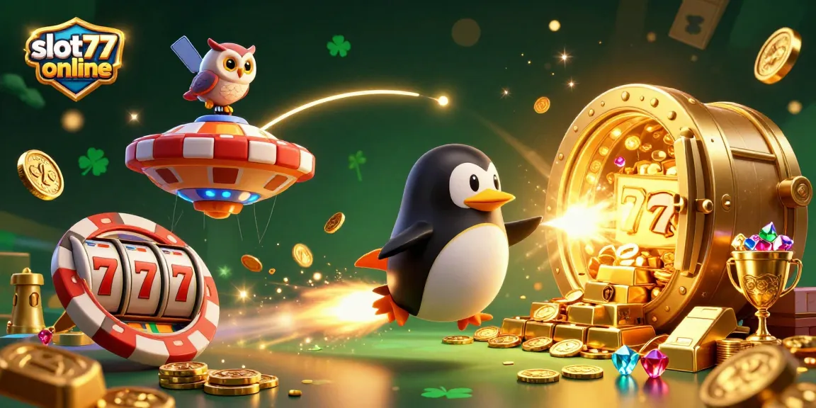 Spin and win with slot777 online in this vibrant 3D casino-themed illustration showcasing golden coins and treasures.