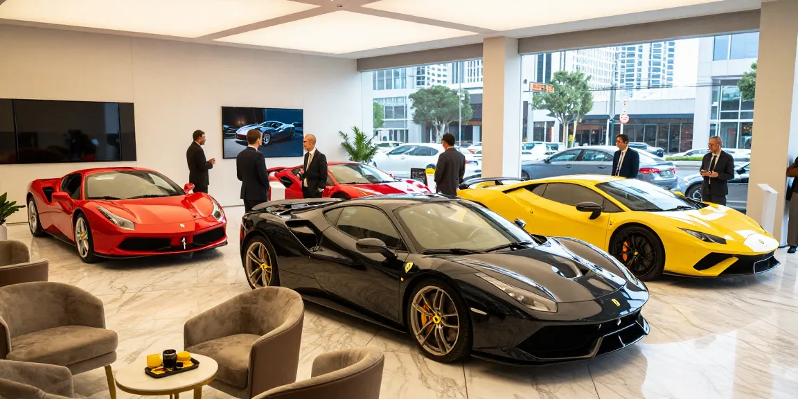 Pengalaman mewah LUXURY 777 di showroom mobil, menunjukkan mobil sport premium dan interaksi pelanggan.