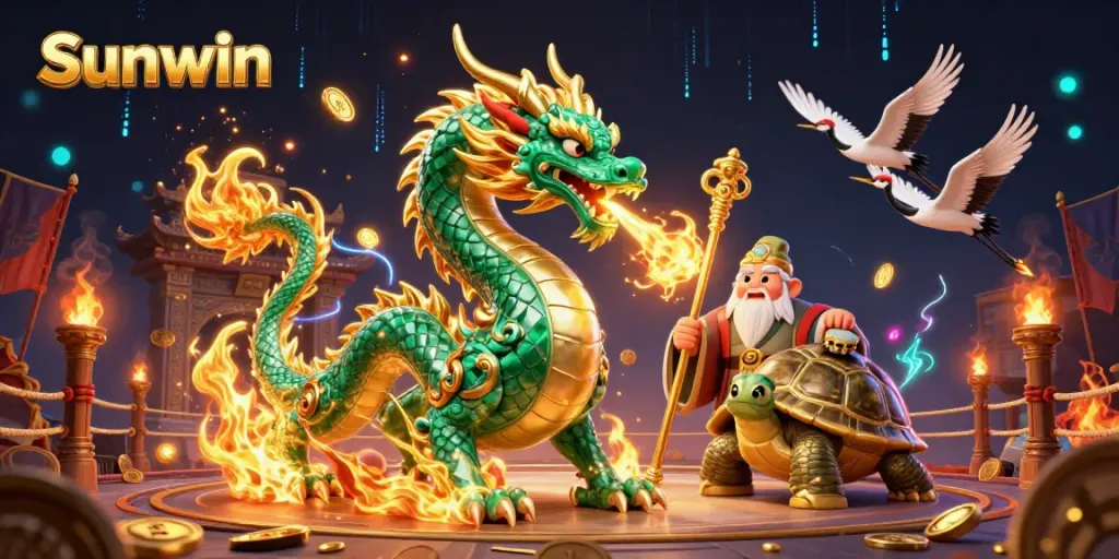 Engage with Sunwin's captivating dragon breathing fire amidst a vibrant casino scene.