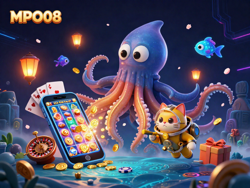 MPO08 showcases thrilling gameplay as a kraken reveals treasure amidst vibrant slot game visuals, captivating players in an immersive undersea scene.
