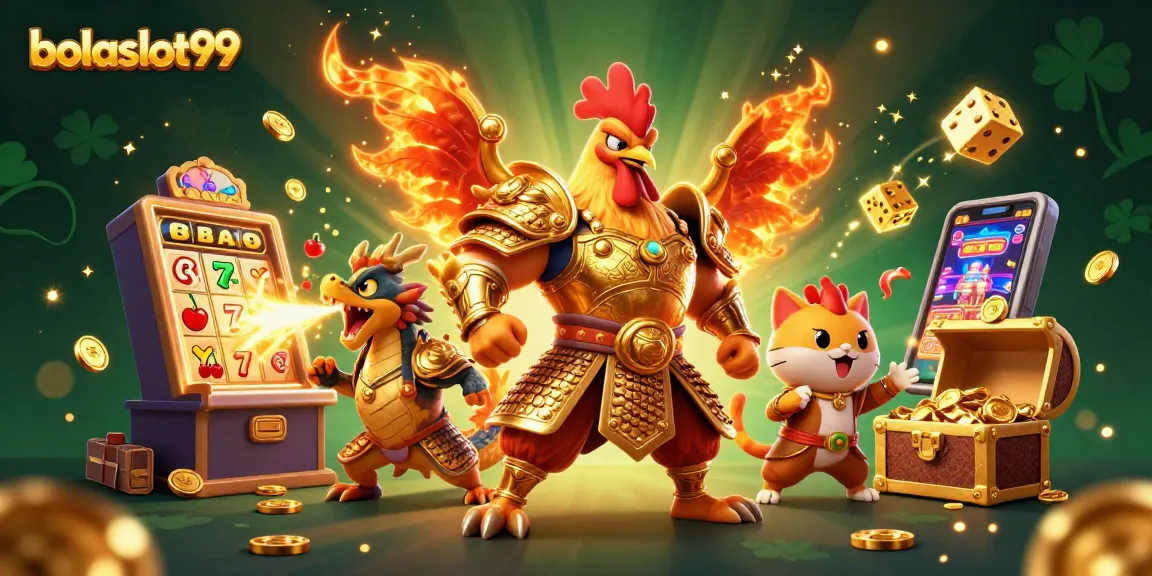Bolaslot99 showcases a vibrant casino scene with a fighting rooster warrior, dragon, and jackpot elements.