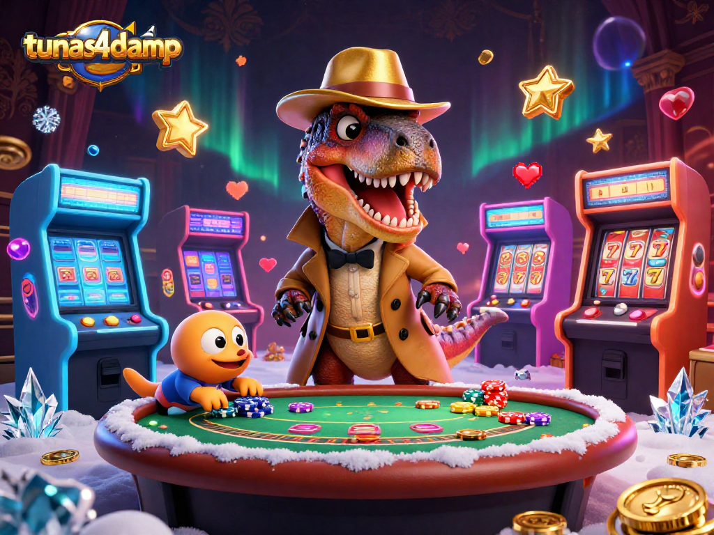 Engage with thrilling gameplay at tunas4damp featuring cartoon dinosaurs in a casino setting.