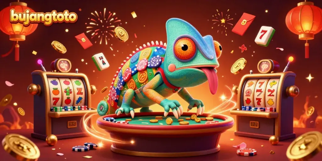 Experience the vibrant action of bujangtoto with a colorful chameleon casino owner in a festive casino scene.