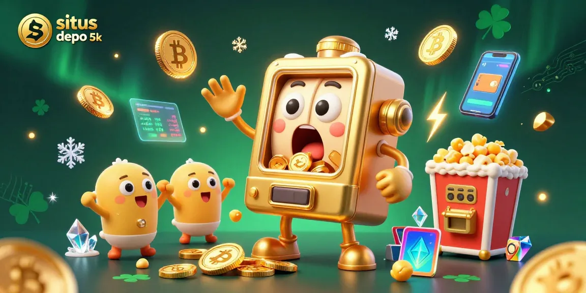 Play slots and win with situs depo 5k, featuring golden machines and cryptocurrency elements in a vibrant 3D scene.