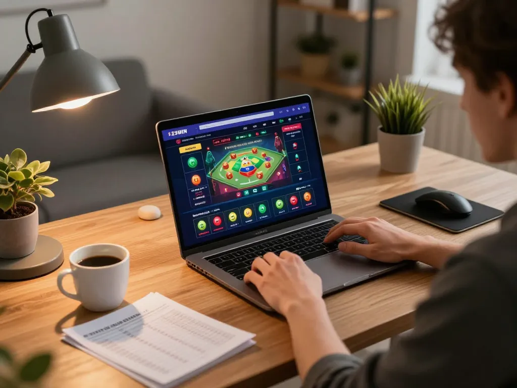 Player using 23WIN online casino app on laptop in a cozy home office setting.
