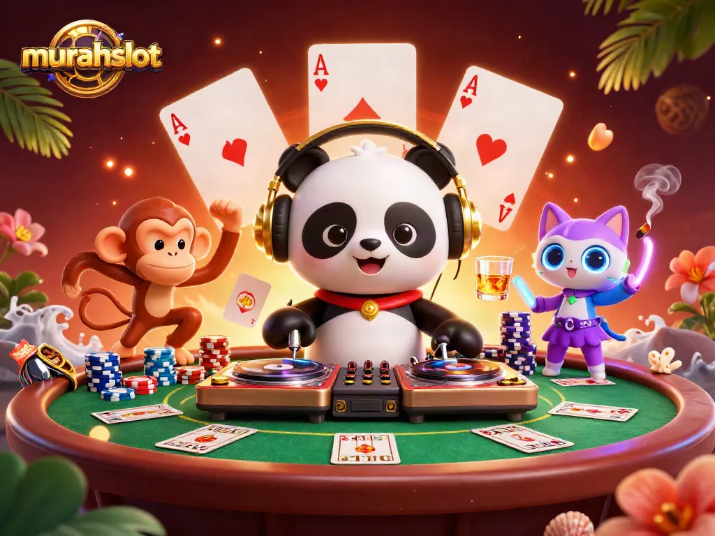 Experience the excitement of murahslot with a DJ panda, dancing monkey, and rave kitten in a vibrant casino scene.