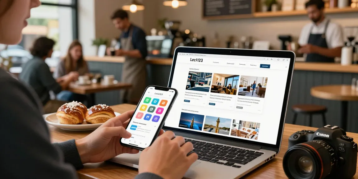 Pengguna Leci123 mengakses berita lokal terbaru di kafe modern dengan suasana hangat dan ramai.