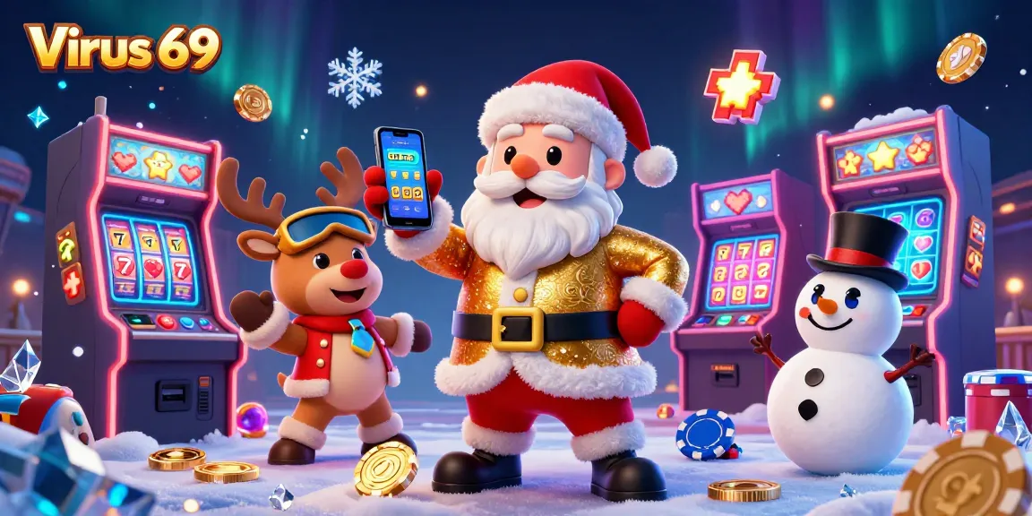Watch Santa and friends enjoy slots in this vibrant Virus 69 casino scene.